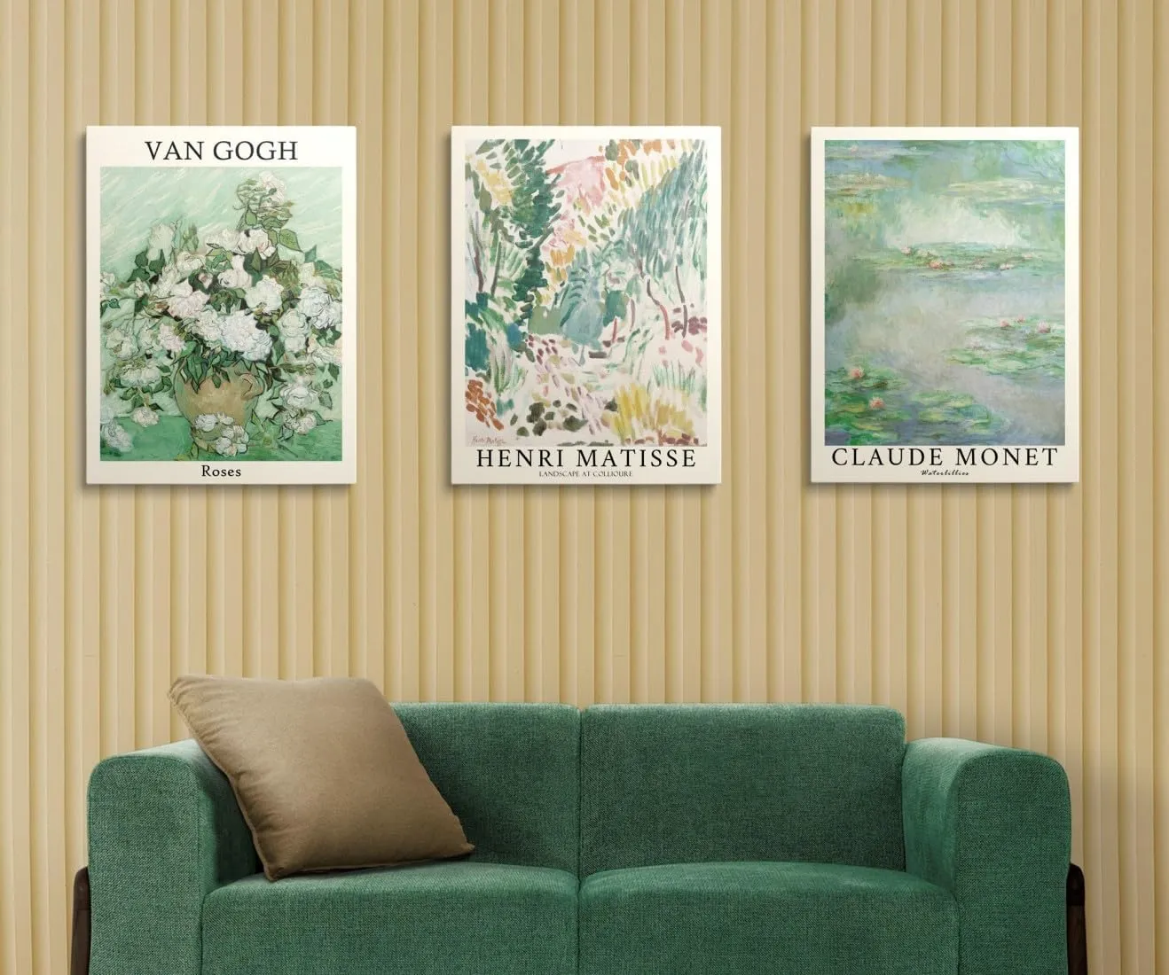 MINI ZOZI Sage Green Canvas Framed Wall Art Set Of 3 Matisse Van Gogh Monet Flower Prints 12x16 Wall Decor Large Mid Century Modern Aesthetic Over Bed Poster Painting Master Bedroom Living Room