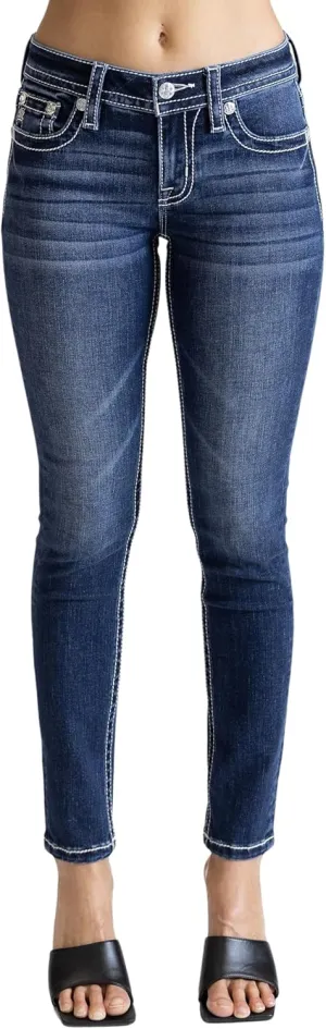 Miss Me Women's Bohemian Feathered Wings Faux Flap Pockets Mid-Rise Skinny Jeans