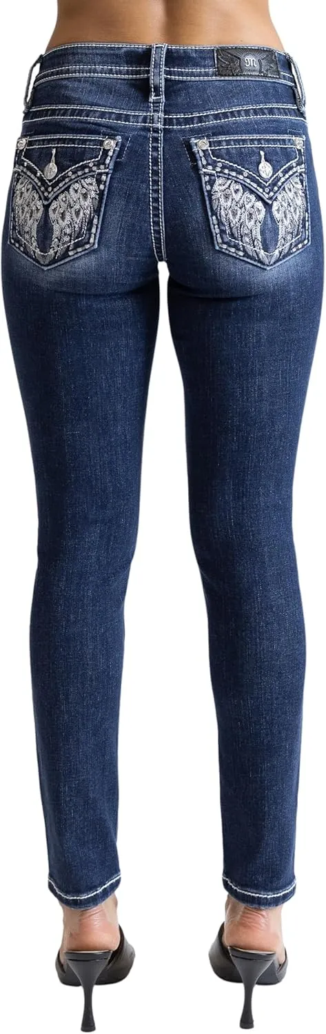 Miss Me Women's Bohemian Feathered Wings Faux Flap Pockets Mid-Rise Skinny Jeans