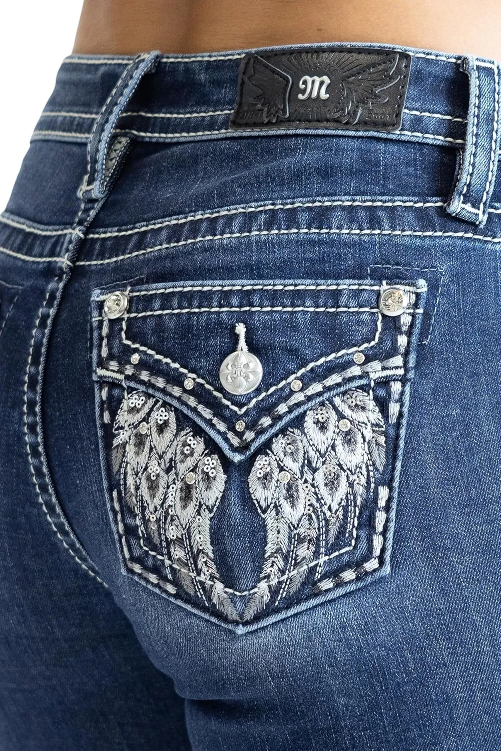 Miss Me Women's Bohemian Feathered Wings Faux Flap Pockets Mid-Rise Skinny Jeans