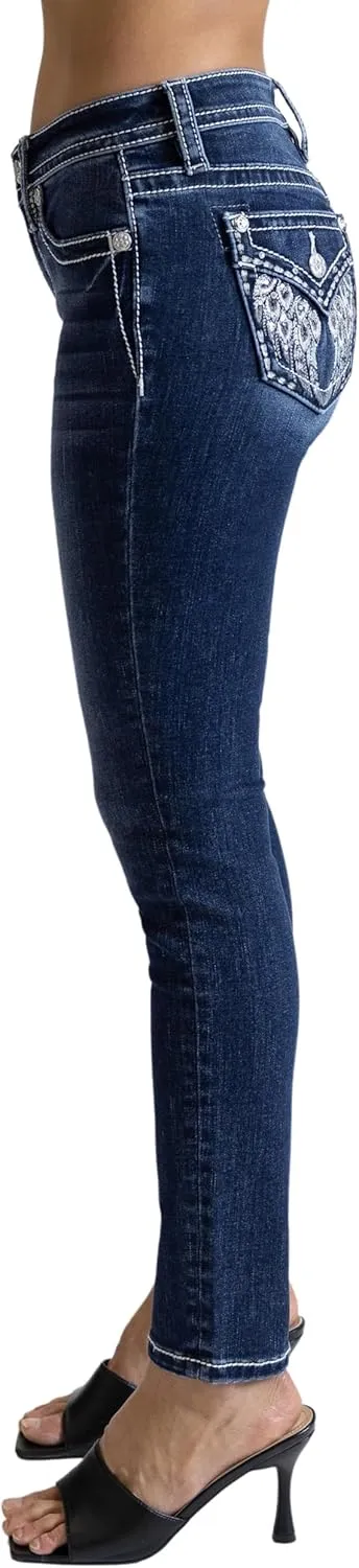 Miss Me Women's Bohemian Feathered Wings Faux Flap Pockets Mid-Rise Skinny Jeans
