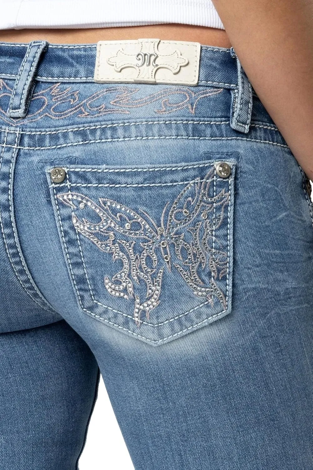Miss Me Women's Butterfly Stitch Low-Rise Slim Bootcut Jeans