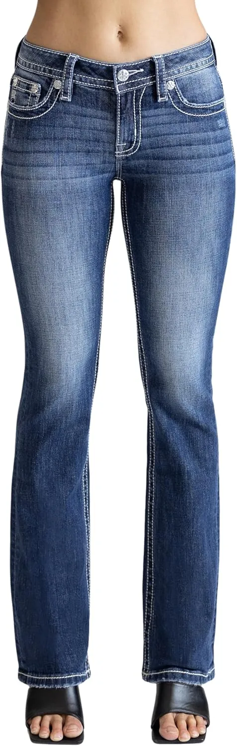 Miss Me Women's Criss Cross Paisley Faux Flap Pocket Mid-Rise Bootcut Jeans