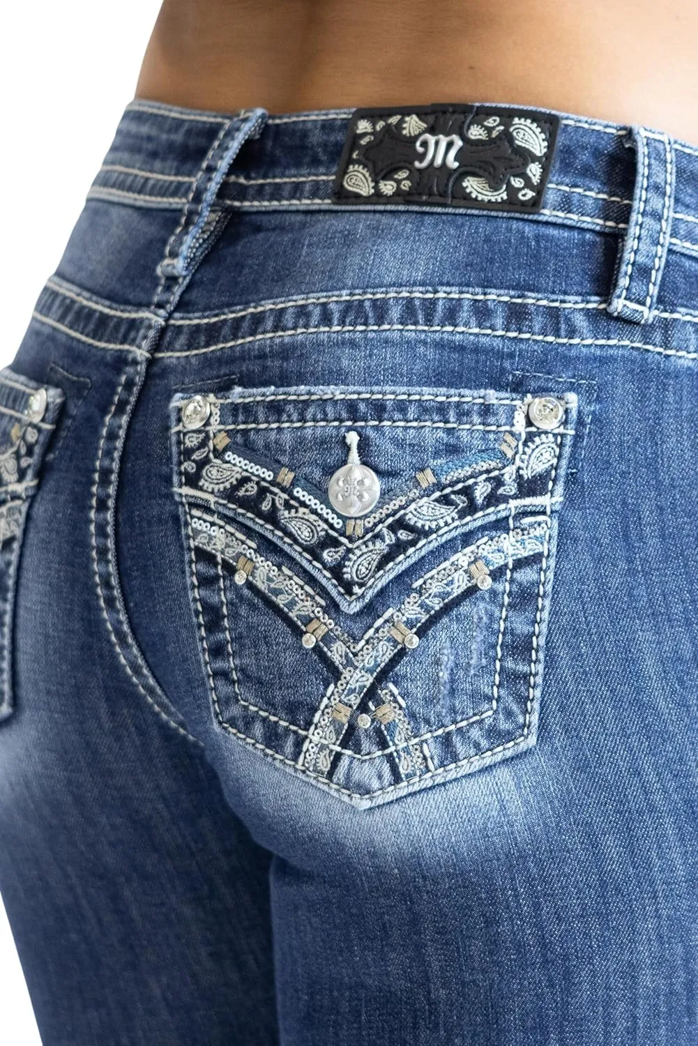 Miss Me Women's Criss Cross Paisley Faux Flap Pocket Mid-Rise Bootcut Jeans
