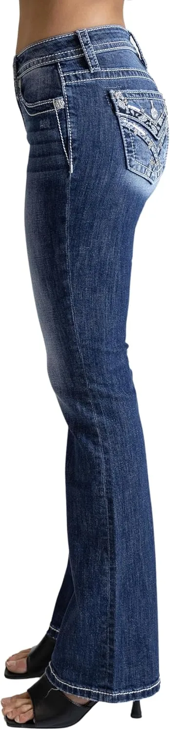 Miss Me Women's Criss Cross Paisley Faux Flap Pocket Mid-Rise Bootcut Jeans