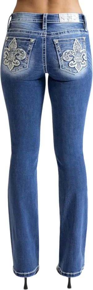 Miss Me Women's Fleur De Lis Stars Mid-Rise Bootcut Jeans