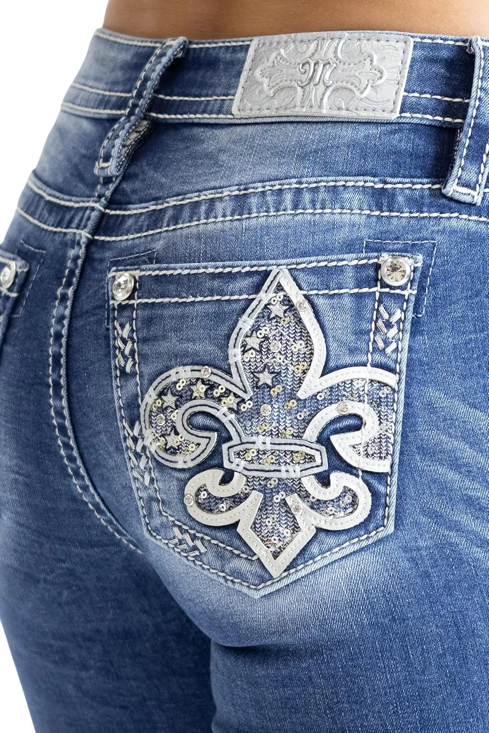 Miss Me Women's Fleur De Lis Stars Mid-Rise Bootcut Jeans