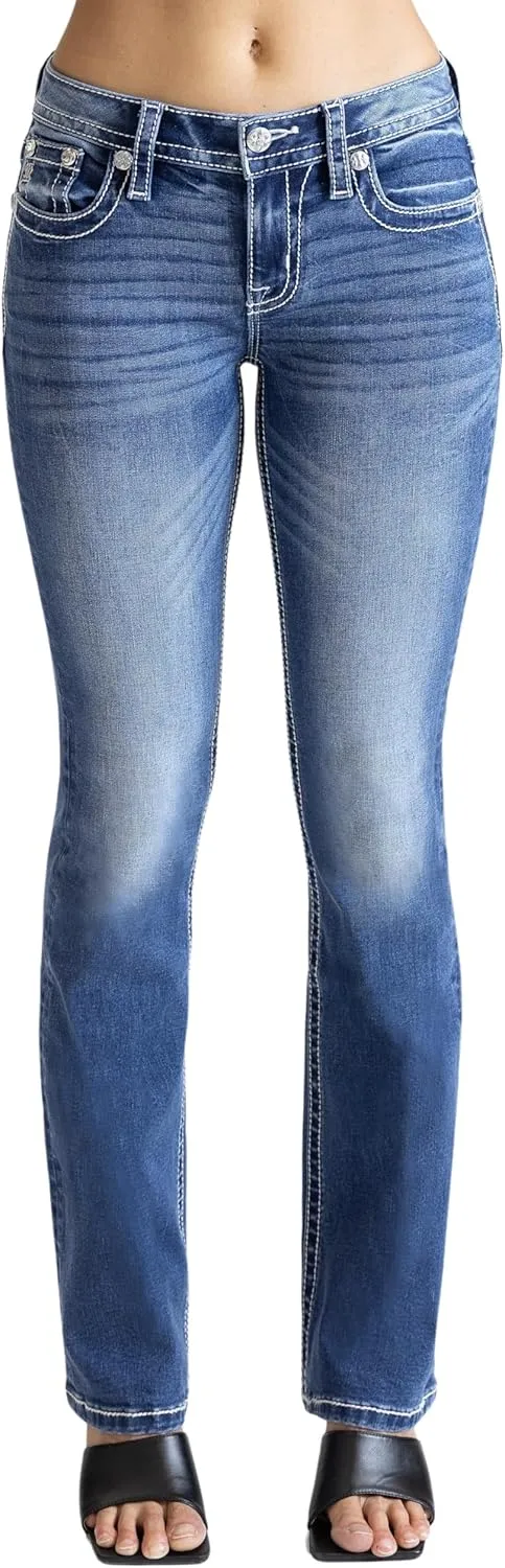 Miss Me Women's Fleur De Lis Stars Mid-Rise Bootcut Jeans
