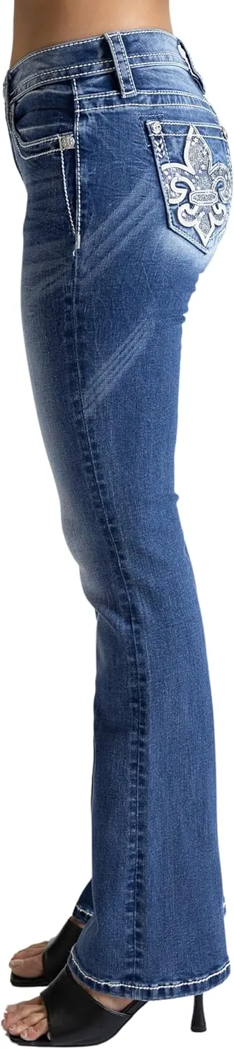 Miss Me Women's Fleur De Lis Stars Mid-Rise Bootcut Jeans