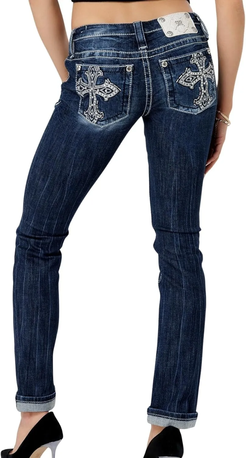 Miss Me Women's Gothic Cross Stitch Low-Rise Straight Jeans