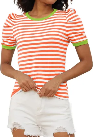 MISSACTIVER Women Striped Color Block T-Shirts Crew Neck Short Puff Sleeve Slim Fit Pullover Shirt Casual Summer Tee Tops