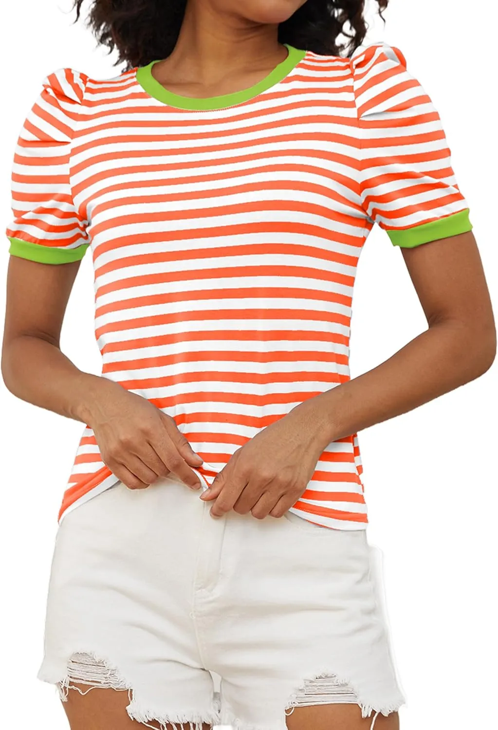 MISSACTIVER Women Striped Color Block T-Shirts Crew Neck Short Puff Sleeve Slim Fit Pullover Shirt Casual Summer Tee Tops