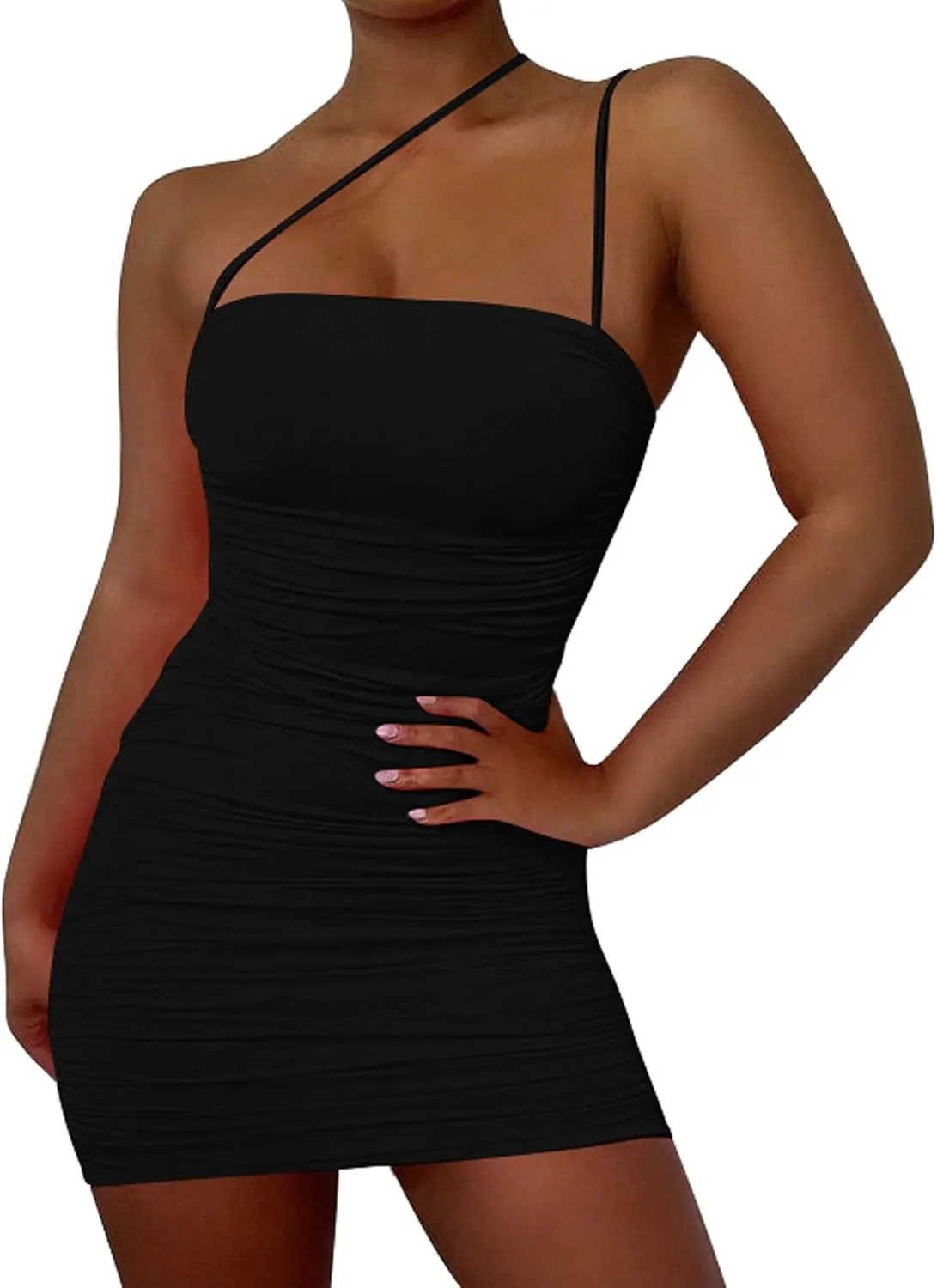Mizoci Women's Sexy Sleeveless Ruched Spaghetti Strap Bodycon Mini Club Party Dress