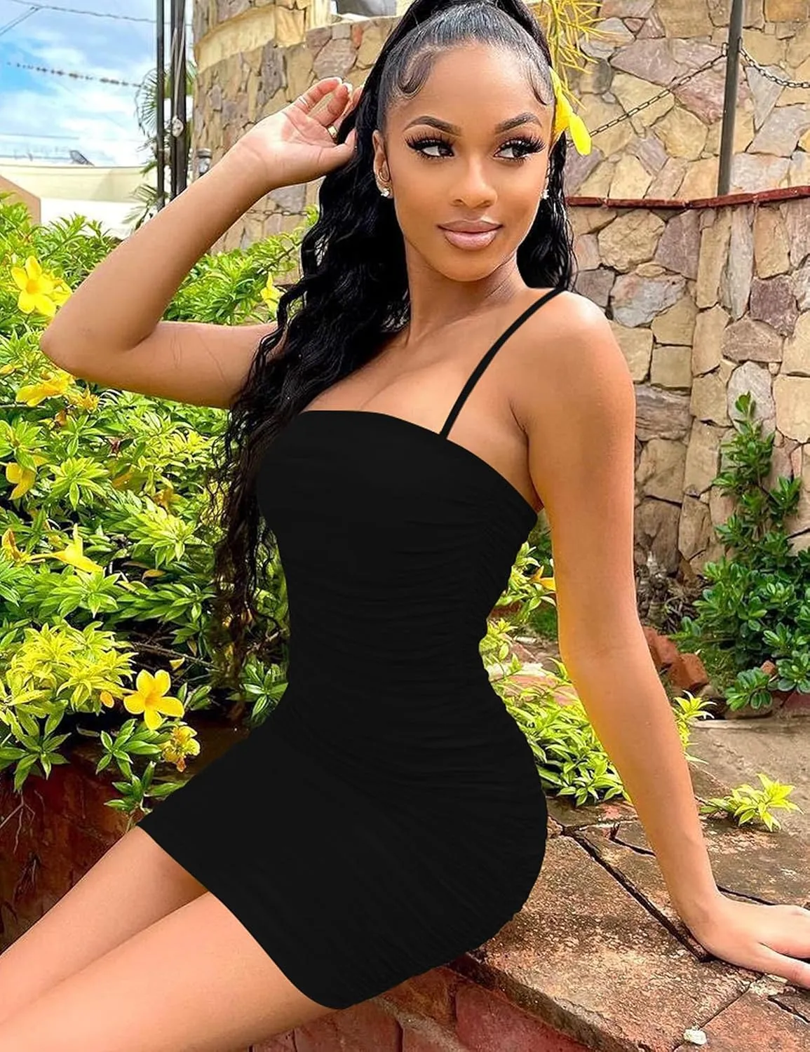 Mizoci Women's Sexy Sleeveless Ruched Spaghetti Strap Bodycon Mini Club Party Dress