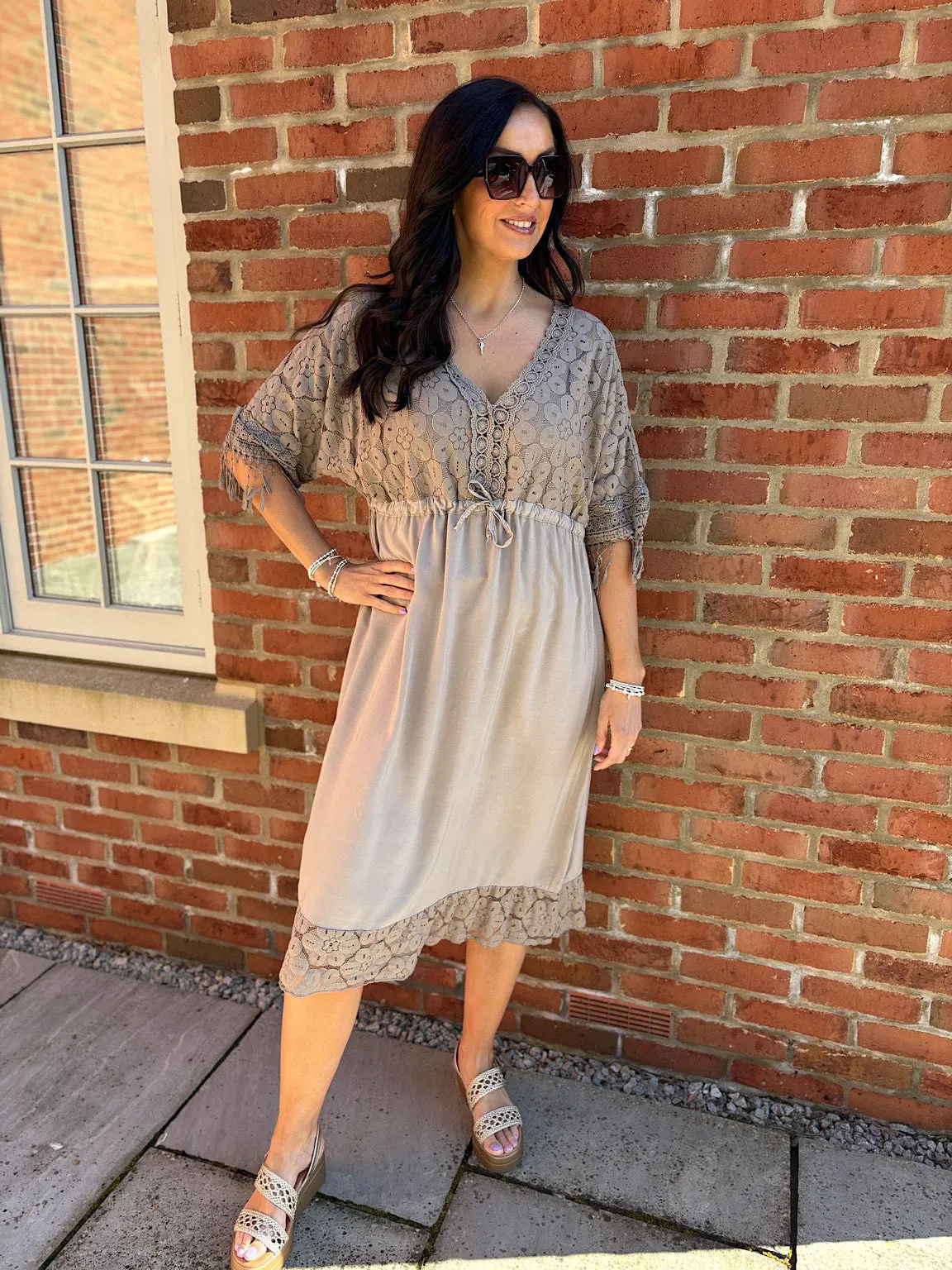 Mocha Lace Drawstring Tassel Dress Joanna