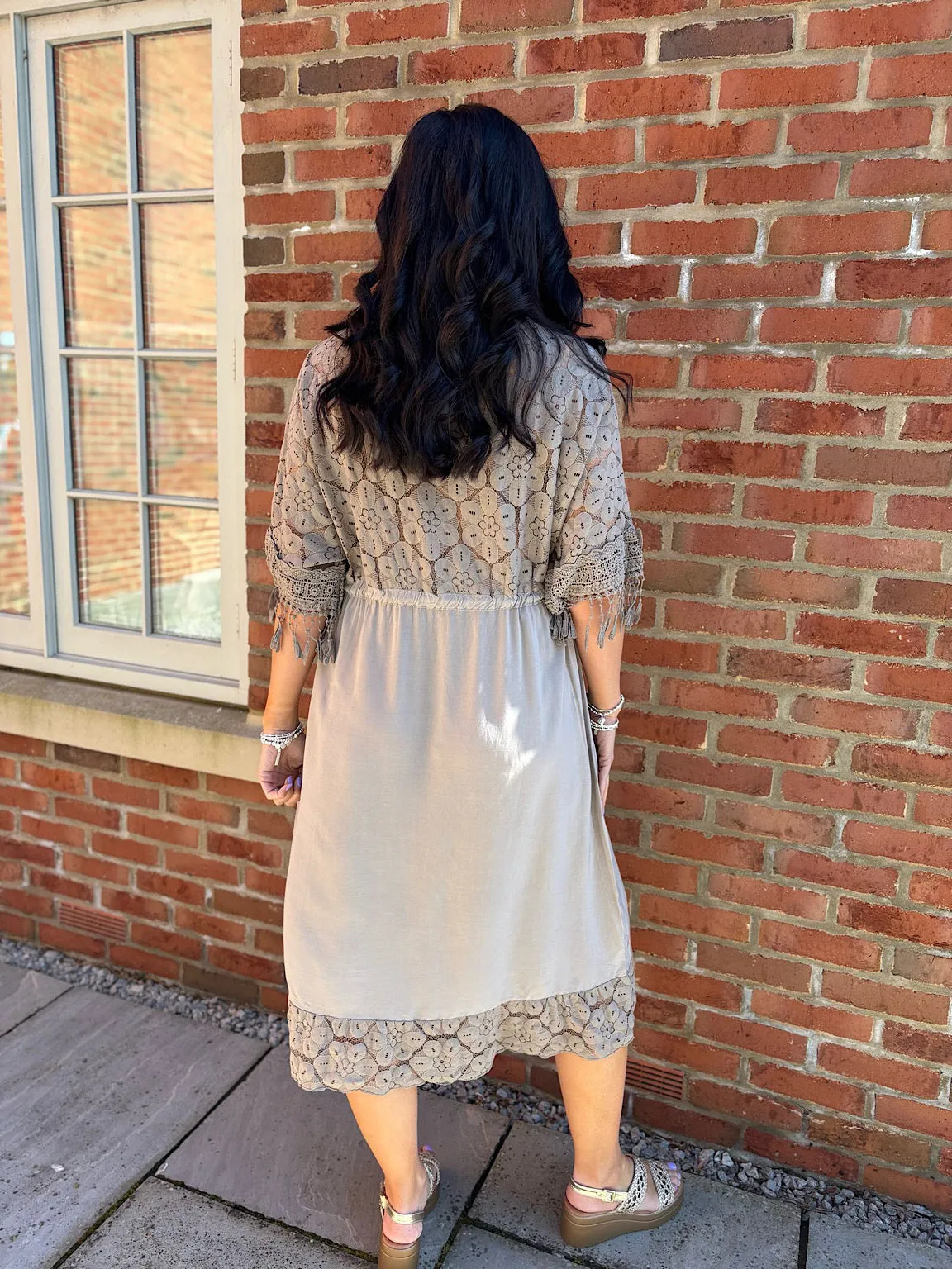 Mocha Lace Drawstring Tassel Dress Joanna