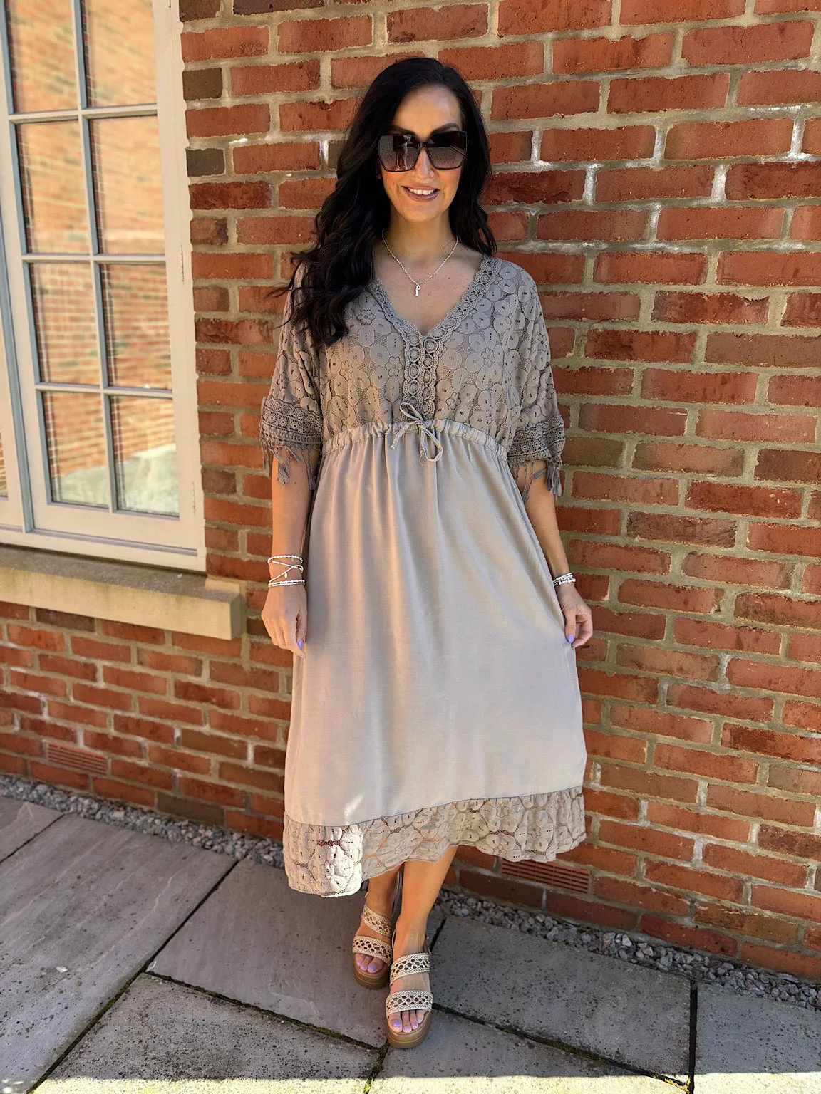 Mocha Lace Drawstring Tassel Dress Joanna