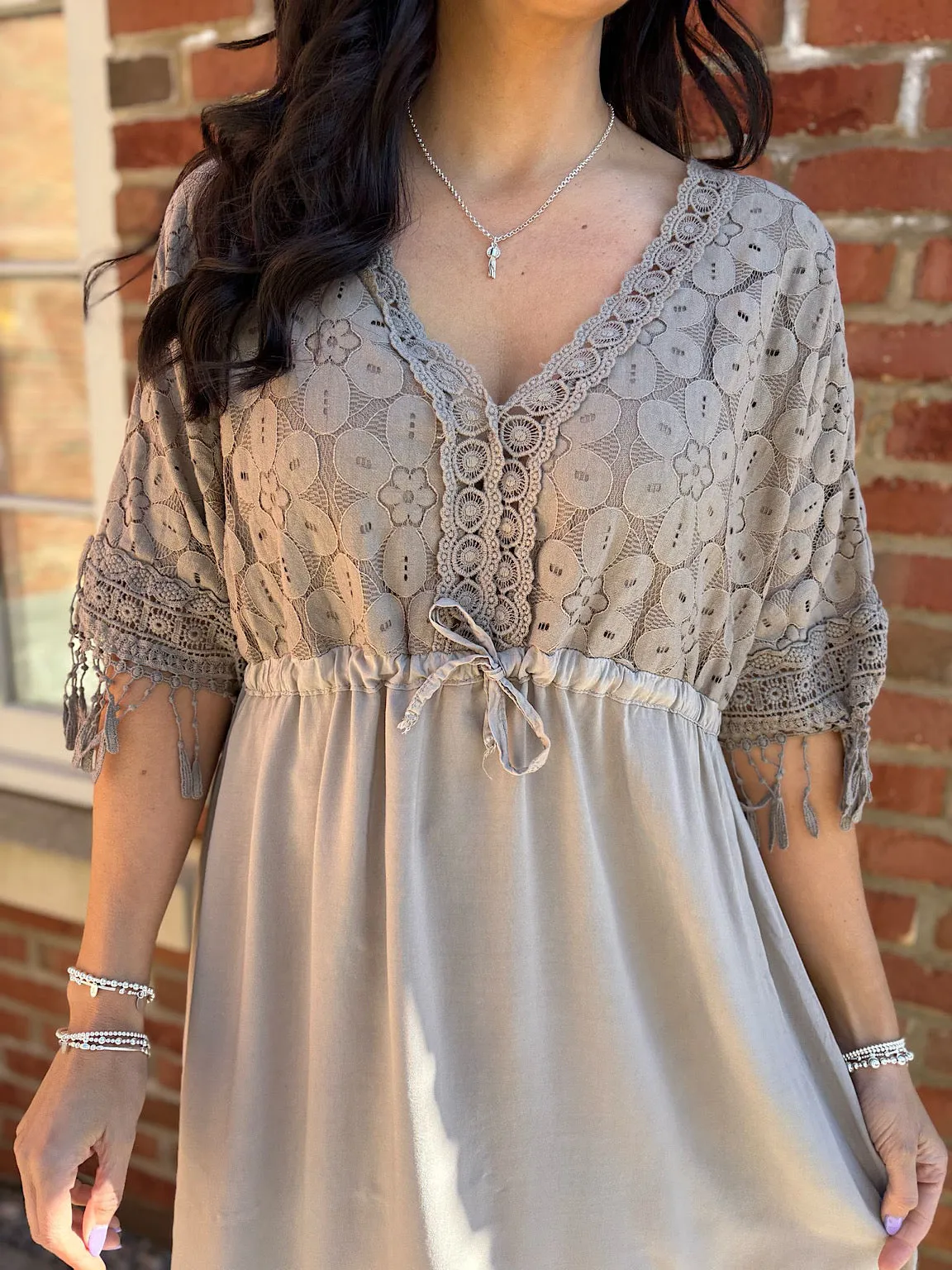 Mocha Lace Drawstring Tassel Dress Joanna