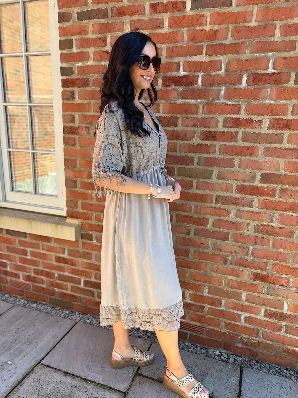 Mocha Lace Drawstring Tassel Dress Joanna