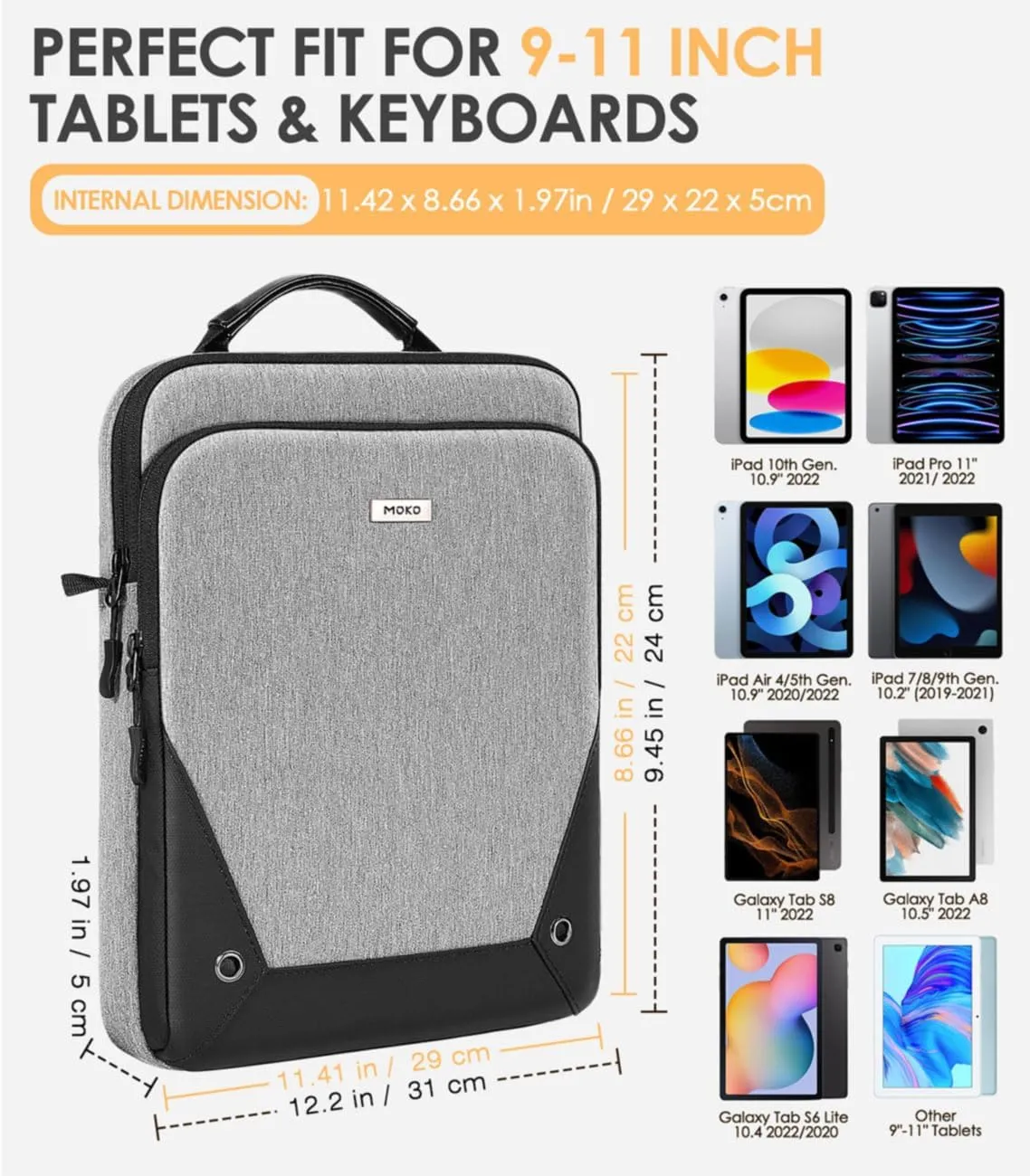 MoKo 9-11 Inch Tablet Sleeve Bag 360° Protetive Carrying Case Compatible with iPad 10th 10.9, iPad Air 5/4th 10.9, iPad 9/8th 10.2, iPad Pro 11, Tab S8/S9 11, with Handle and Shoulder Strap, Gray