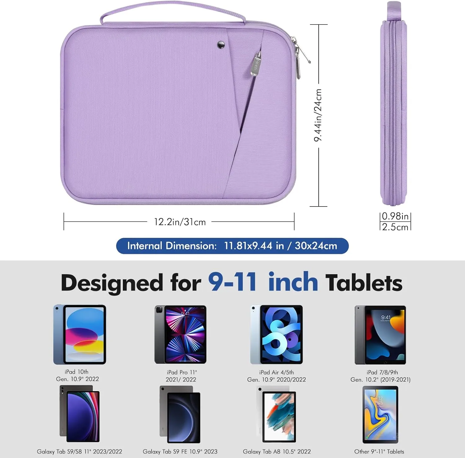 MoKo 9-11 Inch Tablet Sleeve Carrying Case with Handle, Padded Protective Travel Bag for New 11 inch iPad Air M3 2025, iPad A16 11", iPad Pro 11 M4, iPad 10/9/8/7th, Tab S9/S8 11, Purple