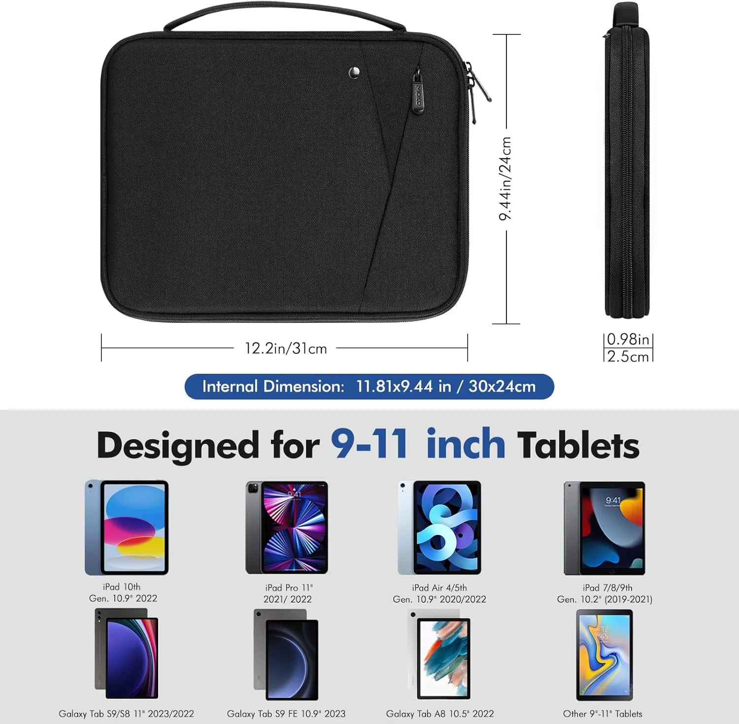 MoKo 9-11 Inch Tablet Sleeve Carrying Case with Handle, Padded Protective Travel Bag for New iPad Air/Pro 11 inch 2024, iPad 10th Gen 10.9, iPad Air 5/4th 10.9, iPad 9/8th 10.2, Tab S9/S8 11, Black
