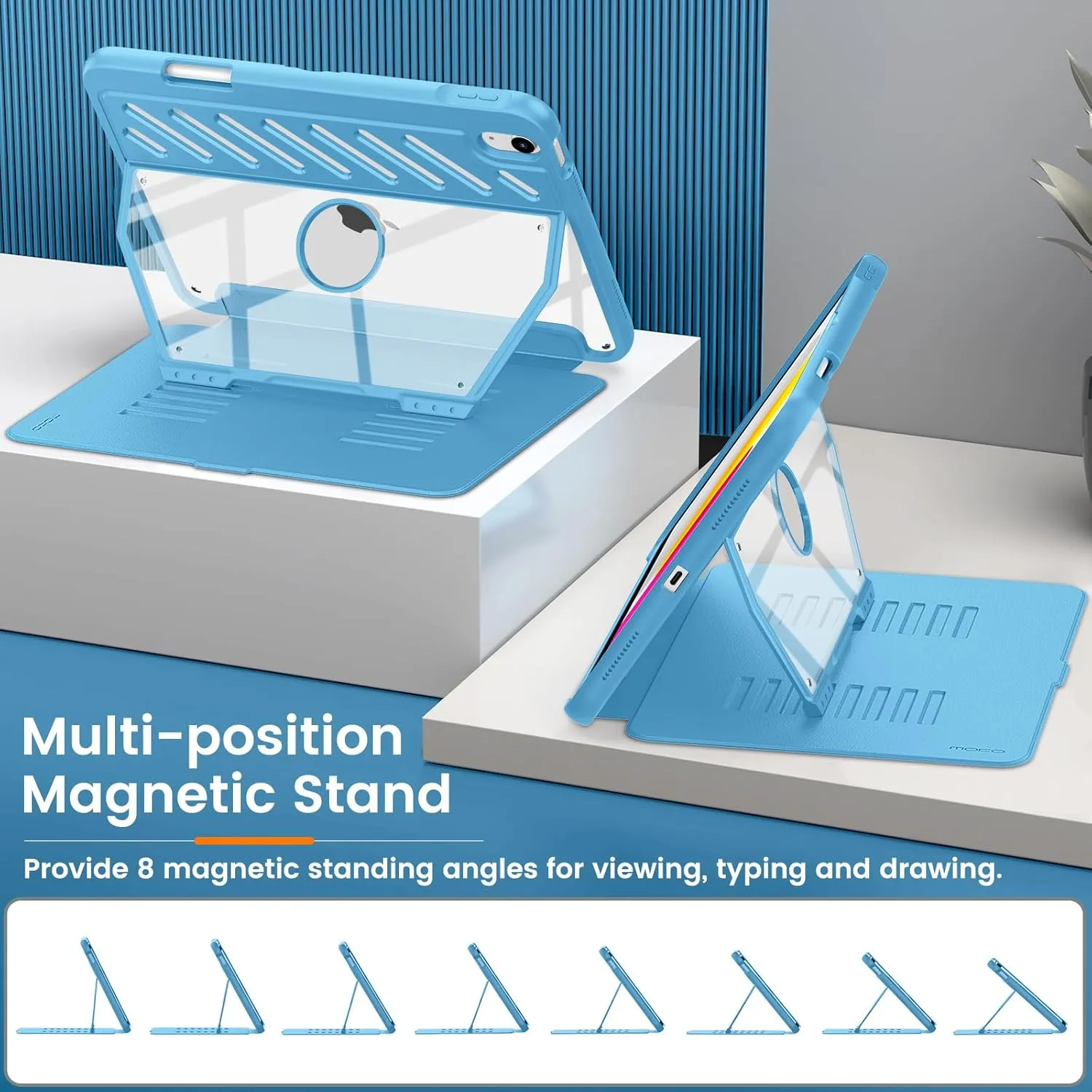 MoKo Case for iPad (A16) 11th Generation 11-inch 2025/iPad 10th Generation 10.9-inch 2022 with Pencil Holder, [10 Strong Magnetic Viewing Angle] Fully-Body Rugged Heavy Duty Protective Case, Cyan Blue