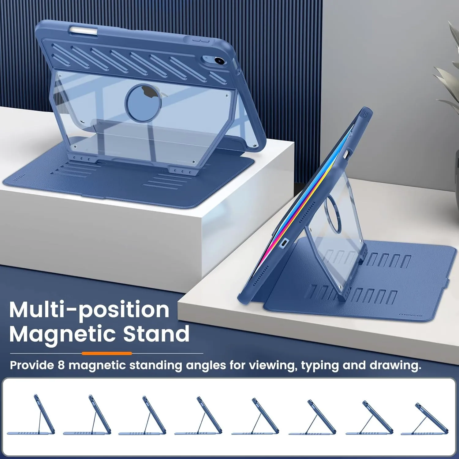 MoKo Case for iPad (A16) 11th Generation 11-inch 2025/iPad 10th Generation 10.9-inch 2022 with Pencil Holder, [10 Strong Magnetic Viewing Angle] Fully-Body Rugged Heavy Duty Protective Case, Navy Blue