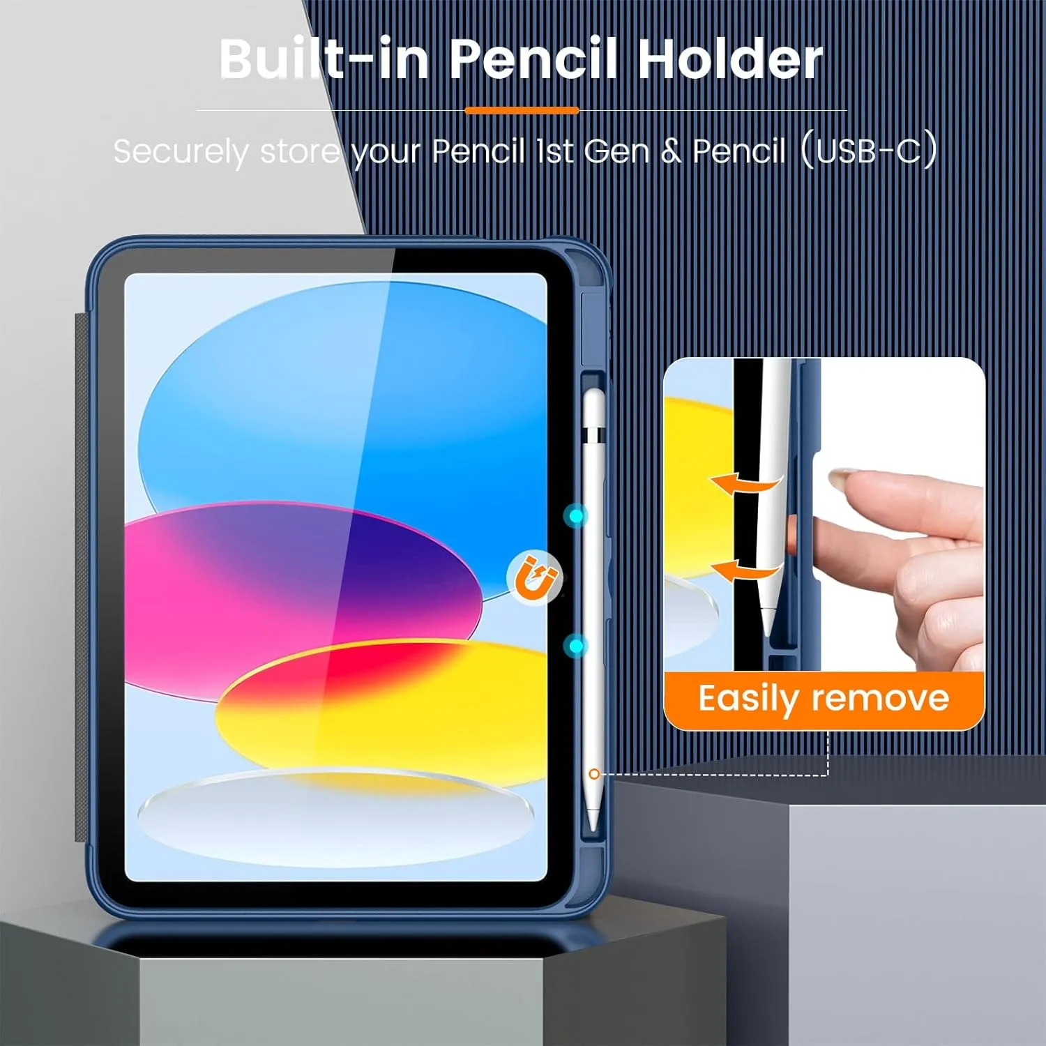 MoKo Case for iPad (A16) 11th Generation 11-inch 2025/iPad 10th Generation 10.9-inch 2022 with Pencil Holder, [10 Strong Magnetic Viewing Angle] Fully-Body Rugged Heavy Duty Protective Case, Navy Blue