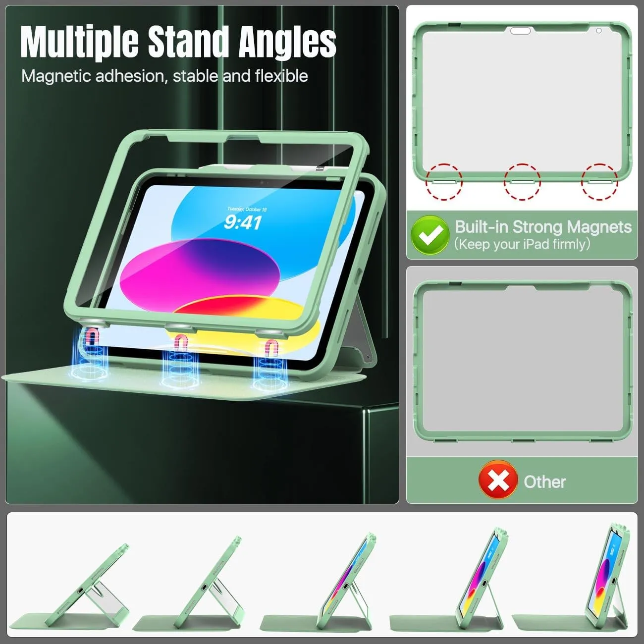 MoKo for iPad 11-inch (A16) 11th Generation Case 2025/ iPad 10th Generation Case with Pencil Holder 2022 10.9 inch, Built-in Screen Protector Clear Back, Multi Angle Viewing Stand, Green