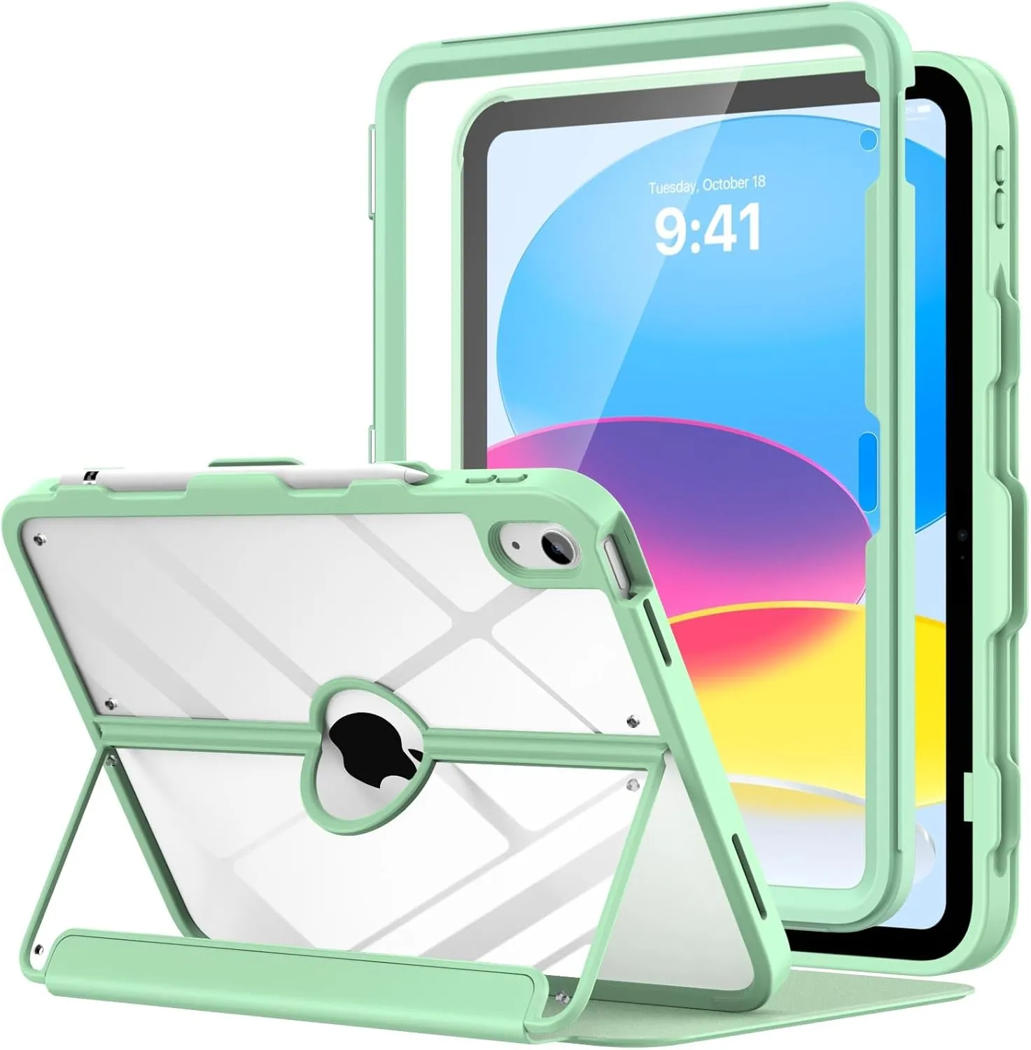 MoKo for iPad 11-inch (A16) 11th Generation Case 2025/ iPad 10th Generation Case with Pencil Holder 2022 10.9 inch, Built-in Screen Protector Clear Back, Multi Angle Viewing Stand, Green