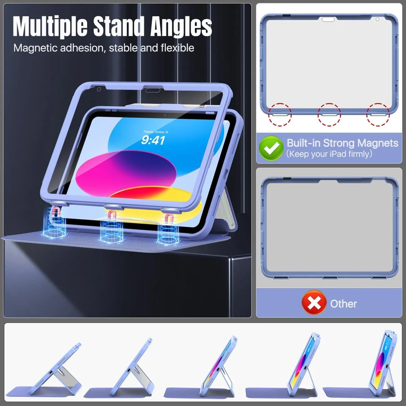 MoKo for iPad 11-inch (A16) 11th Generation Case 2025/ iPad 10th Generation Case with Pencil Holder 2022 10.9 inch, Built-in Screen Protector Clear Back, Multi Angle Viewing Stand, Lavender