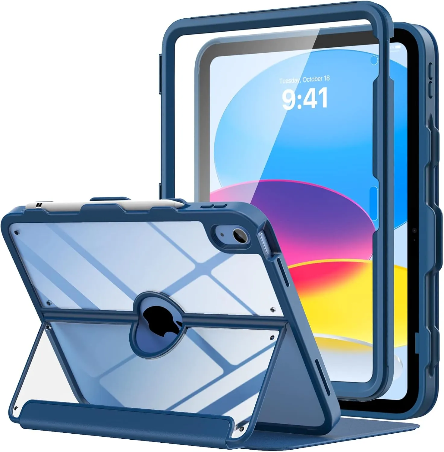 MoKo for iPad 11-inch (A16) 11th Generation Case 2025/ iPad 10th Generation Case with Pencil Holder 2022 10.9 inch, Built-in Screen Protector Clear Back, Multi Angle Viewing Stand, Navy Blue