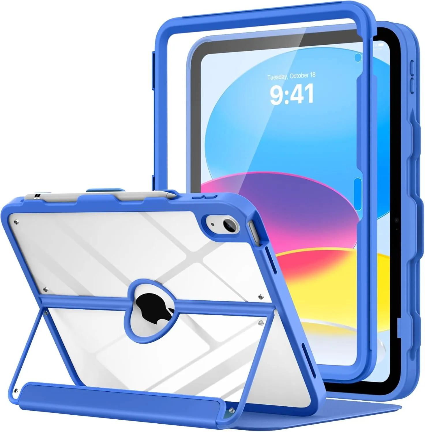 MoKo for iPad 11-inch (A16) 11th Generation Case 2025/ iPad 10th Generation Case with Pencil Holder 2022 10.9 inch, Built-in Screen Protector Clear Back, Multi Angle Viewing Stand,Klein Blue