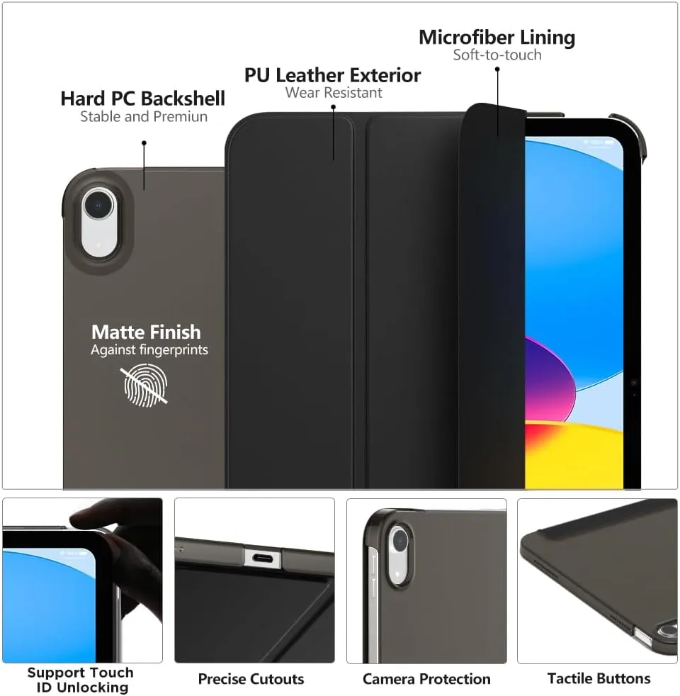 MoKo for iPad (A16) 11th Generation Case 11 Inch 2025, iPad 10th Generation Case 10.9 Inch 2022, Slim Stand Hard PC Translucent Back Shell Smart Cover, Support Touch ID, Auto Wake/Sleep, Black