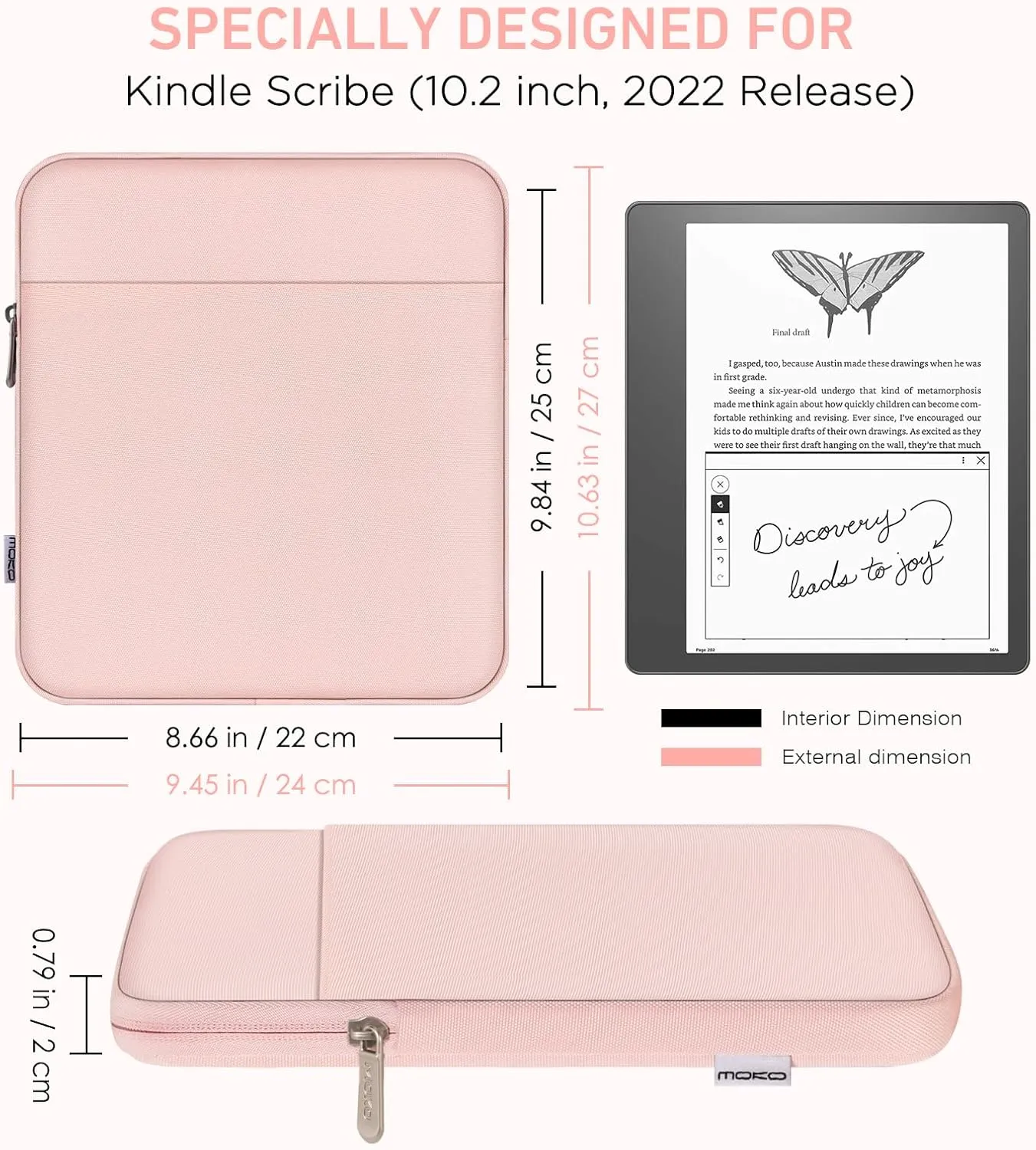 Moko Kindle Sleeve Compatible with Kindle Scribe 10.2 inch (2024 and 2022 Release), Protective Pouch Bag Case Cover with Dual Pockets and Pen Holder, Scratch-Resistant Soft Fluffy Lining, Pink