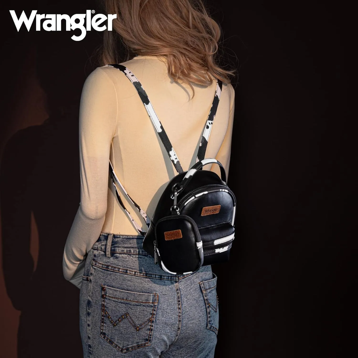 Montana West Wrangler Mini Backpack Cute Cow Print Backpack Purse for Girls and Women, Black WG102-8600BK