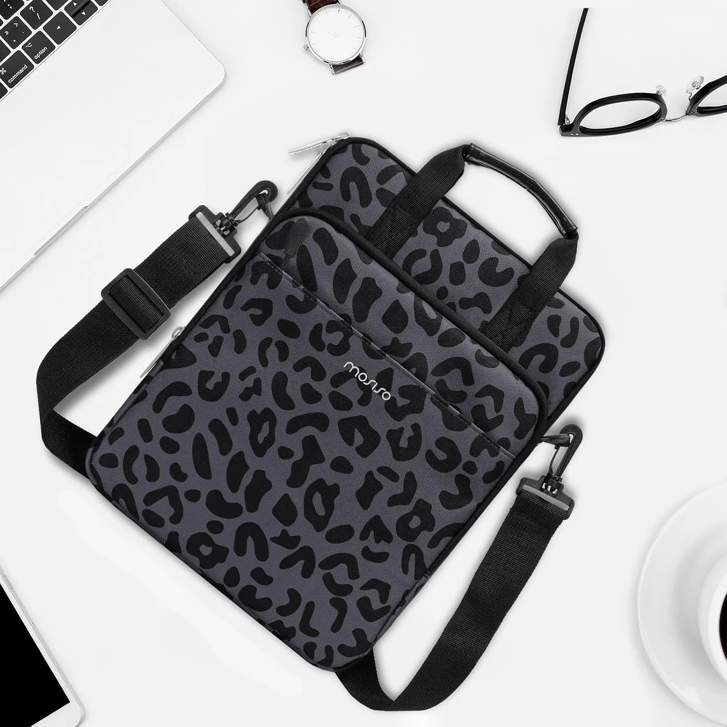 MOSISO 12.9 inch Tablet Sleeve Case for iPad Pro 13 M4 & iPad Air 13 M3 M2, iPad Pro 12.9 M2 M1 6/5th with Magic Keyboard&Smart Keyboard Folio, Leopard Grain Tablet Shoulder Bag with 3 Pockets, Black