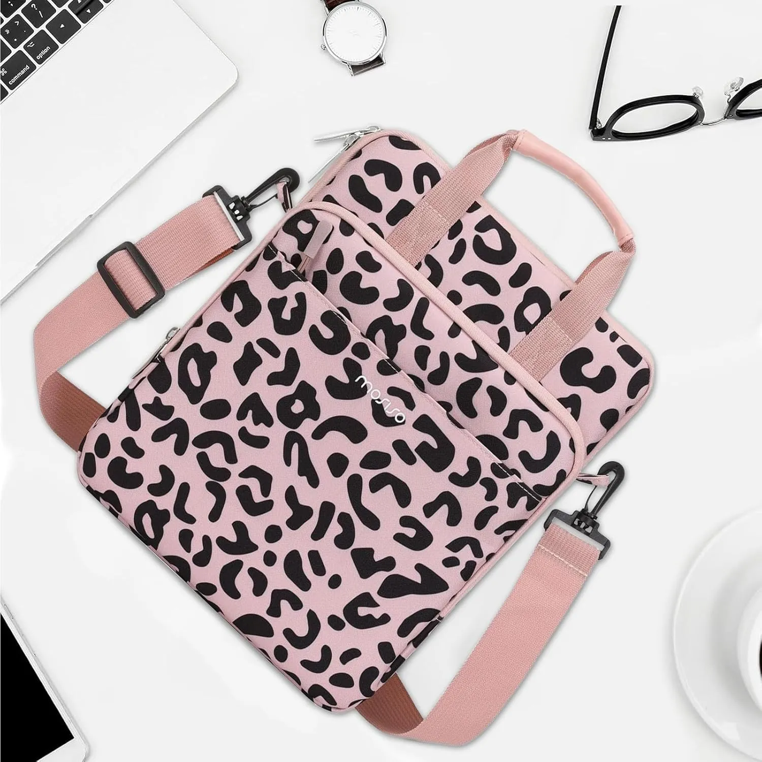 MOSISO 12.9 inch Tablet Sleeve Case for iPad Pro 13 M4 & iPad Air 13 M3 M2, iPad Pro 12.9 M2 M1 6/5th with Magic Keyboard&Smart Keyboard Folio, Leopard Grain Tablet Shoulder Bag with 3 Pockets, Pink