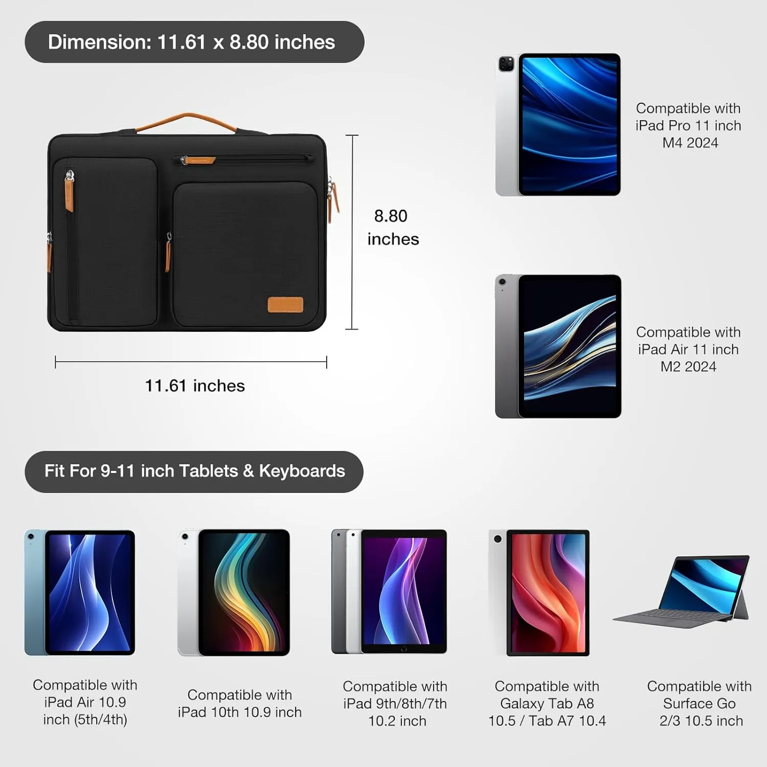 MOSISO 9-11 inch Tablet Sleeve Case for iPad A16 2025, iPad Air 11 inch M3 M2, iPad Pro 11 M4, iPad 10/9/8/7th, Galaxy Tab A9 /S9/S8/Plus 11, Side Open Carrying Bag with 4 Zipper Pockets, Black