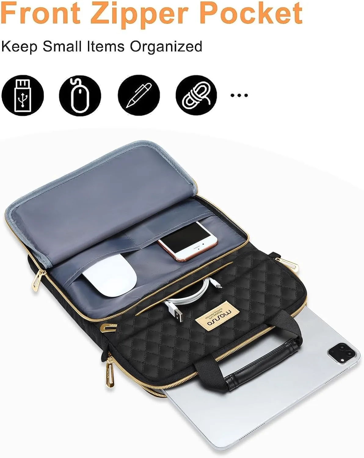 MOSISO 9-11 inch Tablet Sleeve for iPad A16 2025, iPad Air 11 inch M3 M2, iPad Pro 11 M4, iPad 10/9/8/7th, Galaxy Tab A9 /S9/S8/Plus 11, Square Quilted Carrying Case with Front 2 Pockets, Black