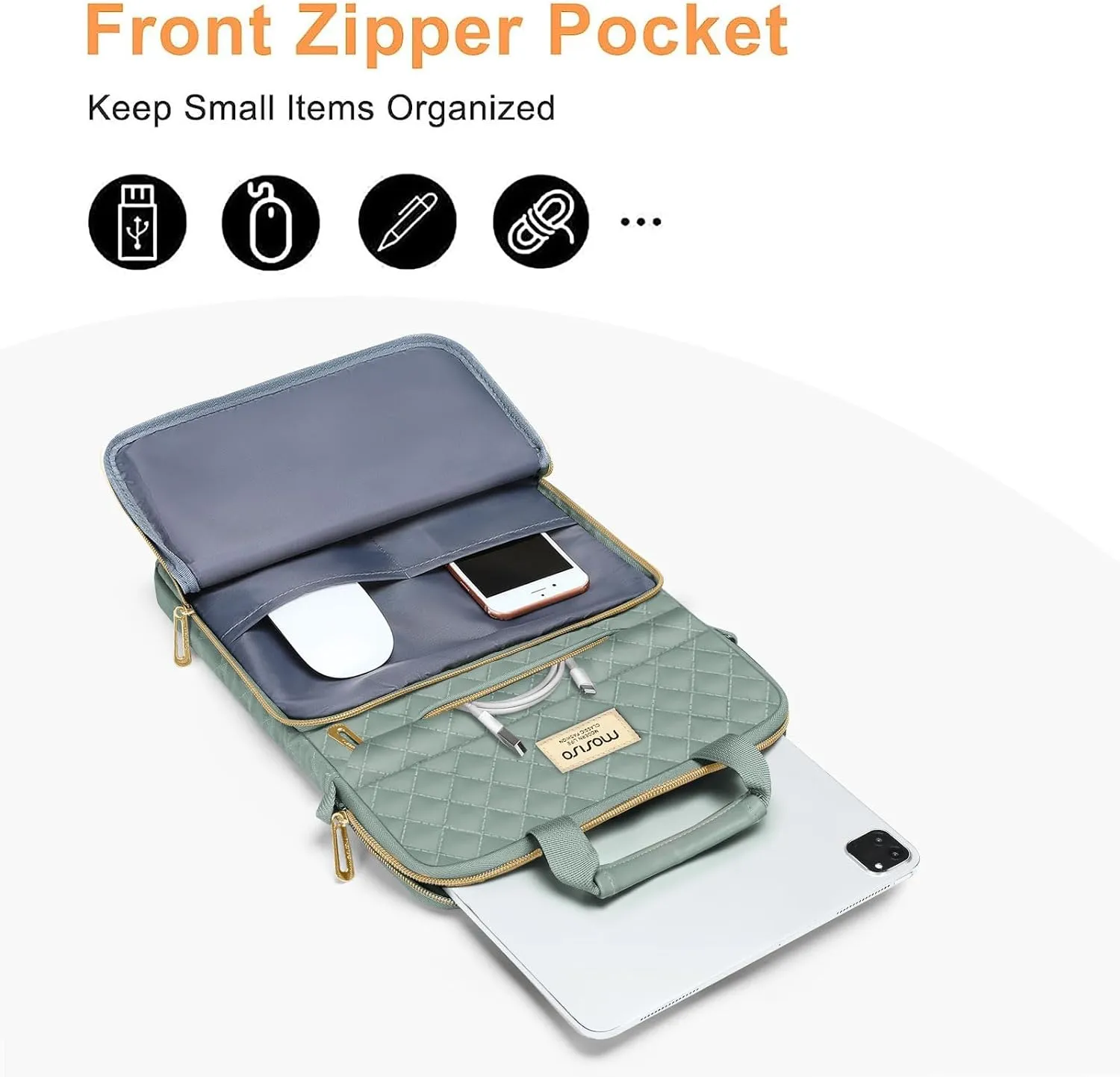 MOSISO 9-11 Inch Tablet Sleeve for iPad Pro M4, Air M2 2024, 10 & Air 5 10.9, 9/8/7th 10.2, Tab S8/S9 11, Square Quilted Carrying Case With Front 2 Pockets, Antique Green