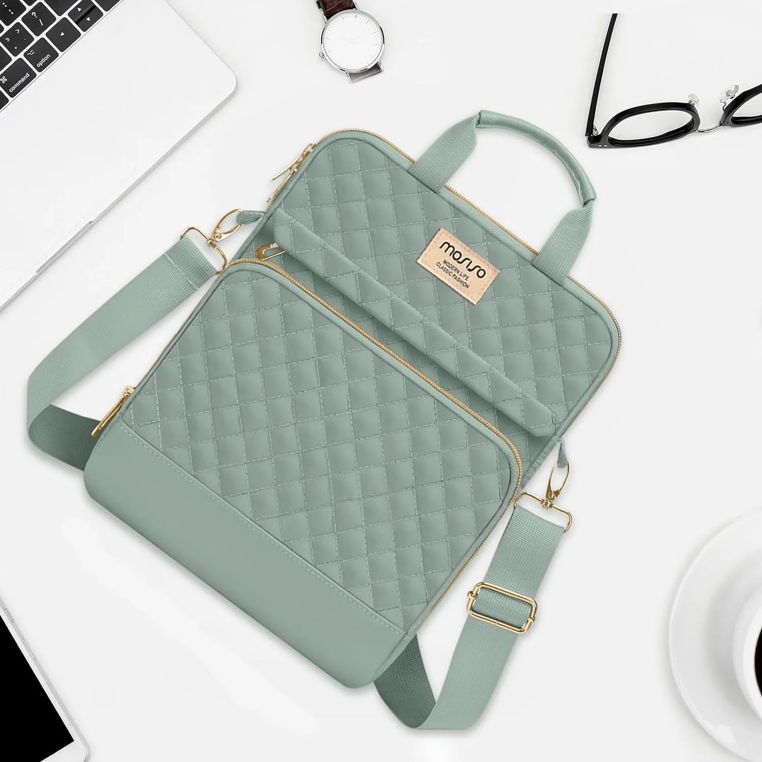 MOSISO 9-11 Inch Tablet Sleeve for iPad Pro M4, Air M2 2024, 10 & Air 5 10.9, 9/8/7th 10.2, Tab S8/S9 11, Square Quilted Carrying Case With Front 2 Pockets, Antique Green
