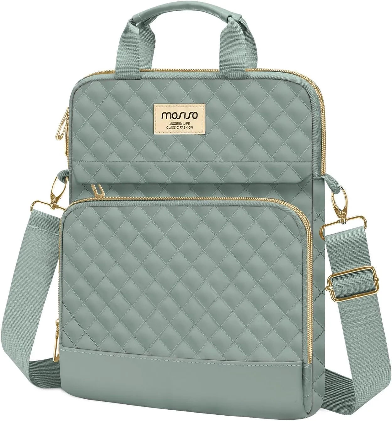 MOSISO 9-11 Inch Tablet Sleeve for iPad Pro M4, Air M2 2024, 10 & Air 5 10.9, 9/8/7th 10.2, Tab S8/S9 11, Square Quilted Carrying Case With Front 2 Pockets, Antique Green