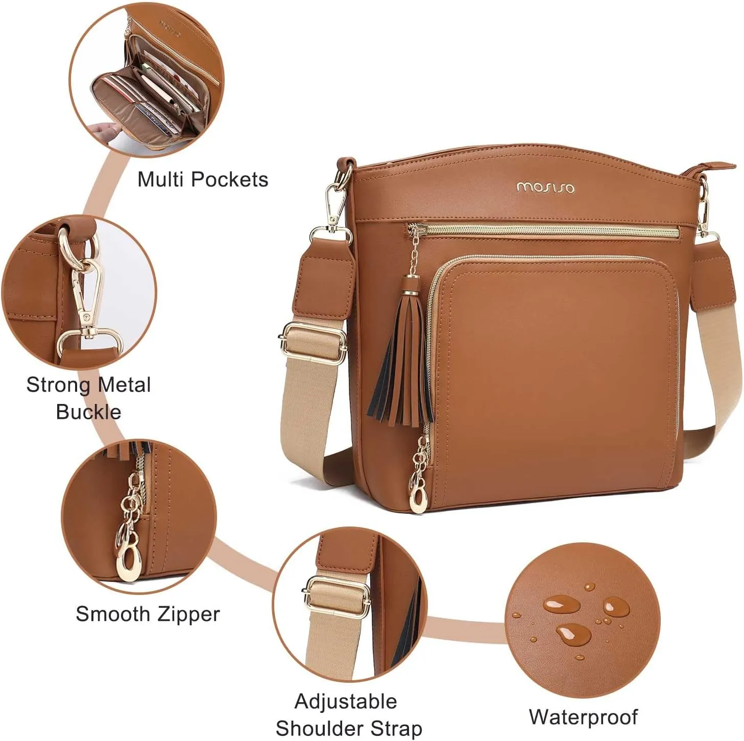 MOSISO Crossbody Bag, Purses for Women Crossbody, Multi Pockets Handbag Shoulder Bag with Card Holder Wallet & Tassel