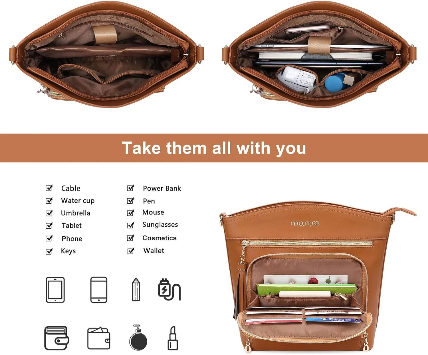 MOSISO Crossbody Bag, Purses for Women Crossbody, Multi Pockets Handbag Shoulder Bag with Card Holder Wallet & Tassel
