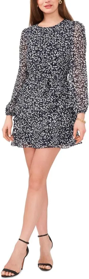 MSK Womens Petites Floral Print Chiffon Mini Dress Navy PM