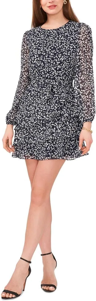 MSK Womens Petites Floral Print Chiffon Mini Dress Navy PM