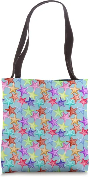 Multicolor Starfish Nautical Summer Beach on Blue Tote Bag