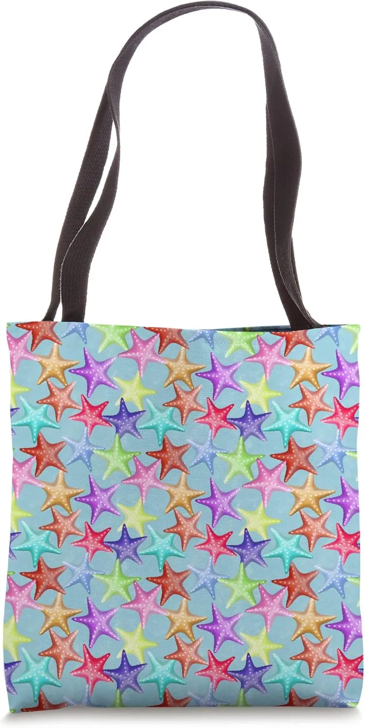 Multicolor Starfish Nautical Summer Beach on Blue Tote Bag
